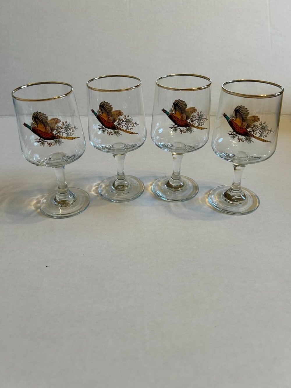Set of 4 vintage mid-century cordial/aperitif glasses with pheasant design